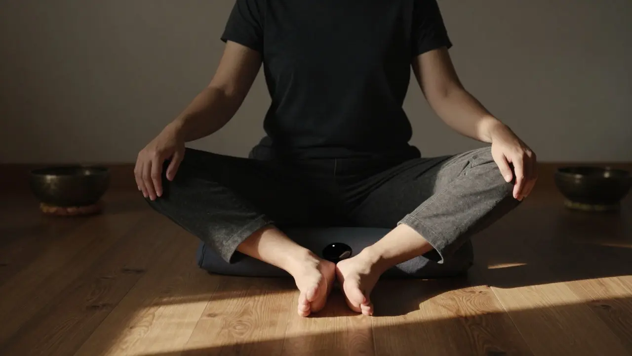 Osoba sedí na zemi s nohama tlačenými do země, symbolizující ukotvení energie.