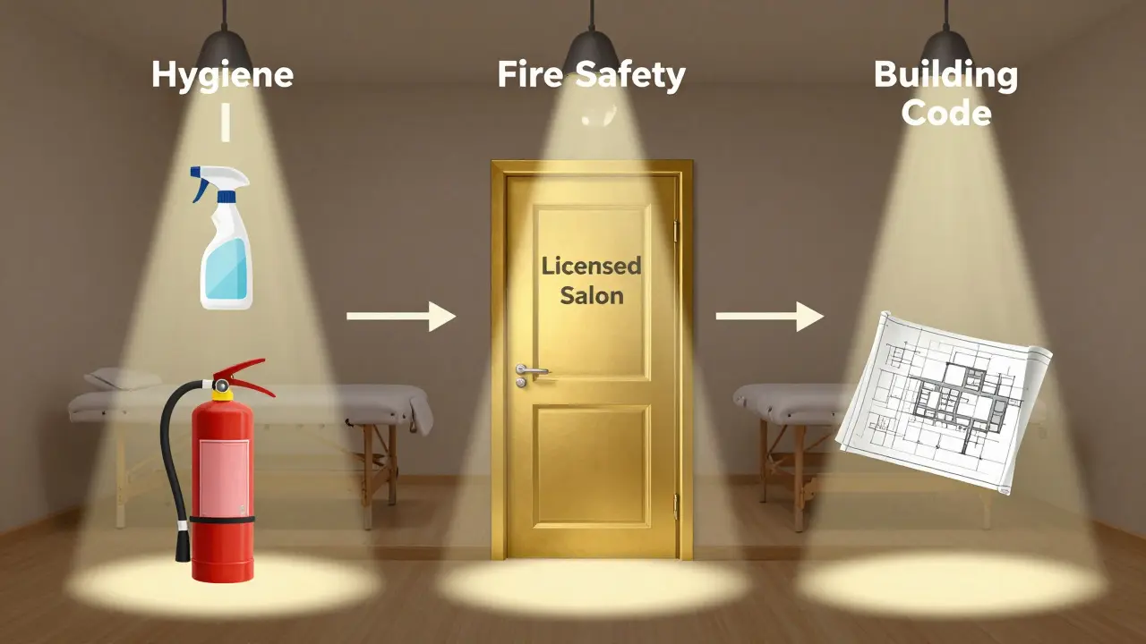 Three regulatory pathways converging to a licensed salon door, symbolizing compliance with Czech health and safety laws.