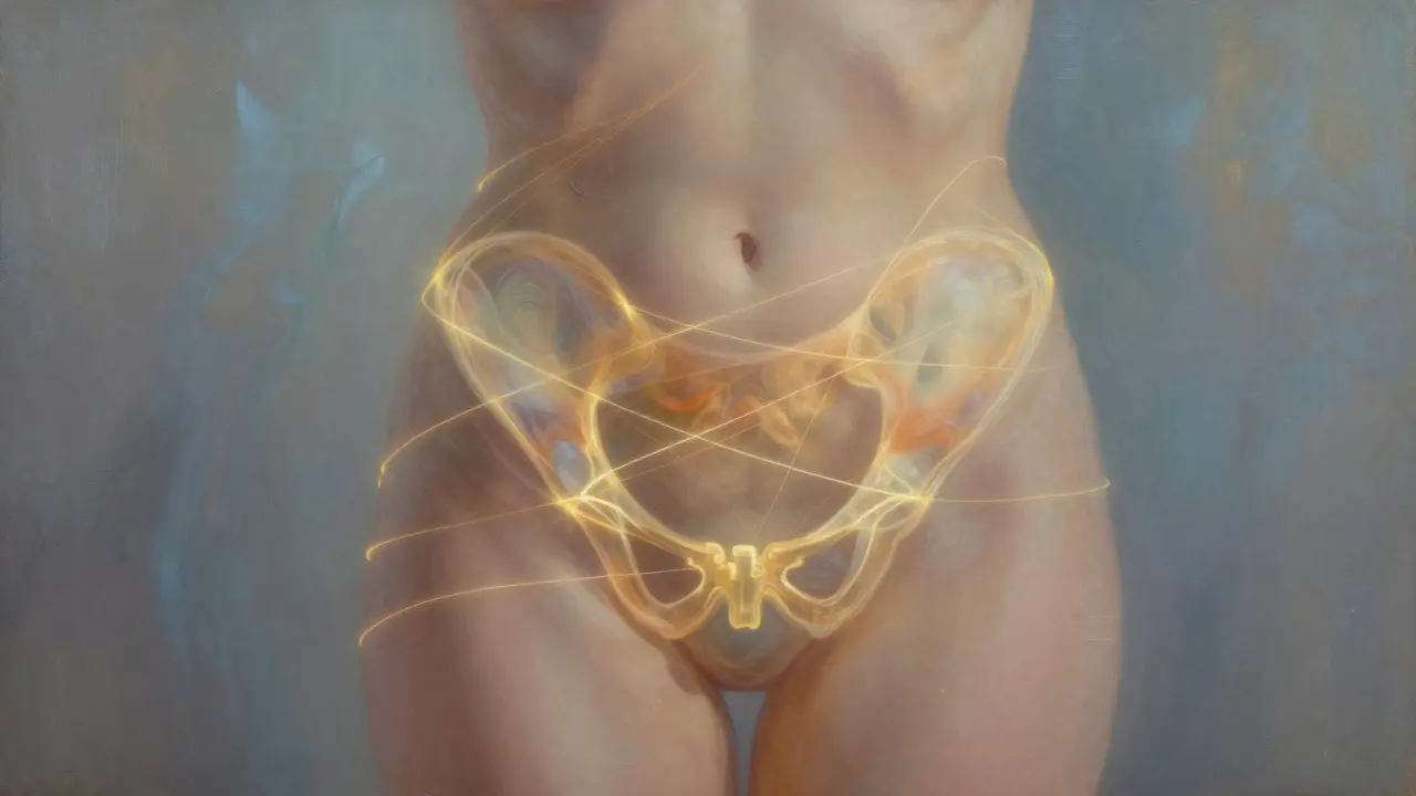 Zlaté energetické vlákna se uvolňují z pánevní oblasti, symbolizují uvolnění napětí.