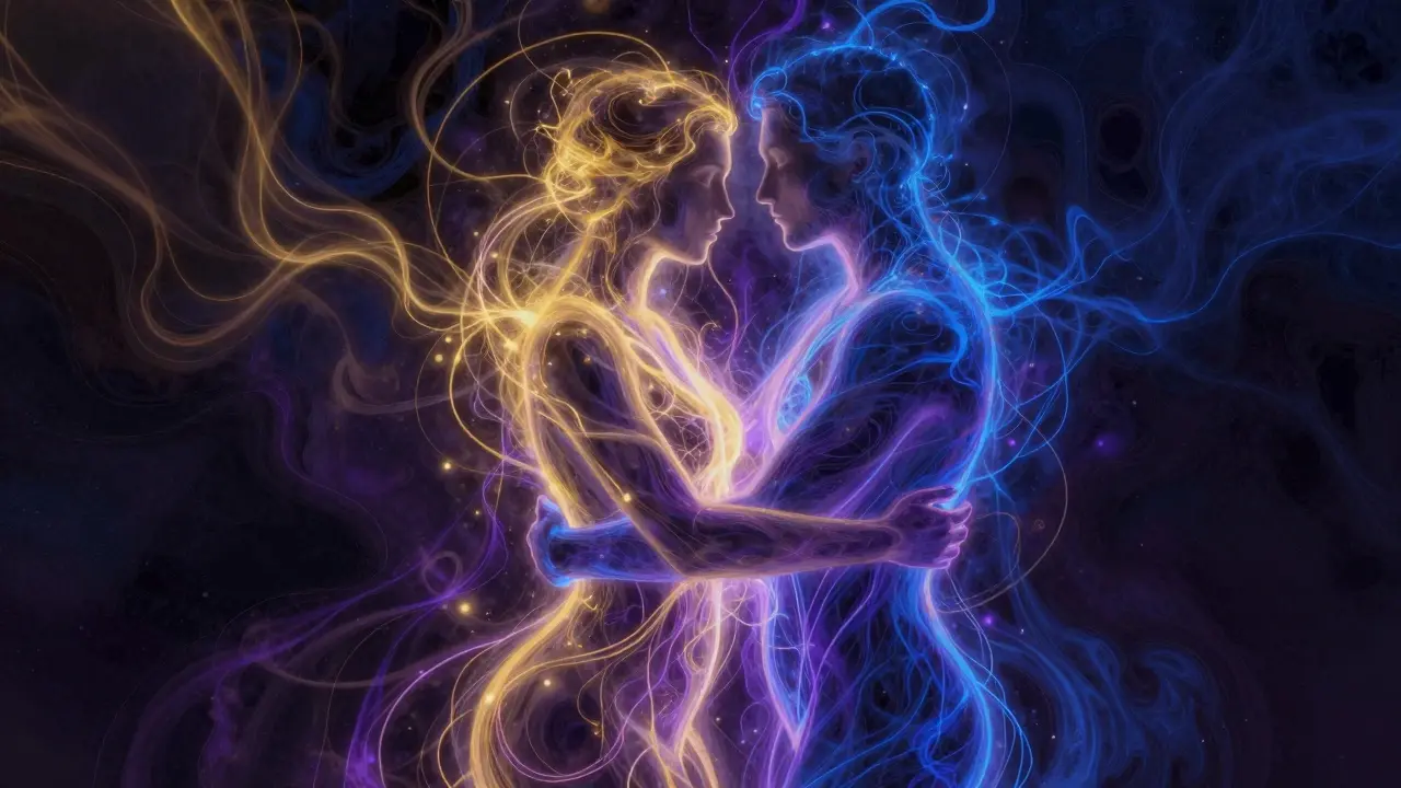 Abstraktní ilustrace energetického proudění mezi dvěma lidmi v objetí.