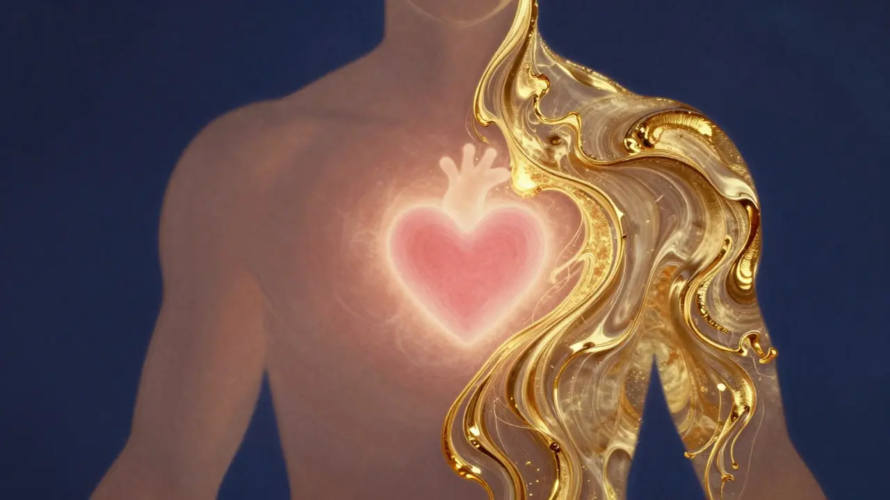 Abstraktní silueta člověka kombinující matní textury a tekuté zlaté vlny s přizvuceným srdečním čakrem.