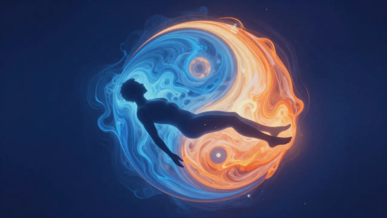 Abstraktní znázornění hluboké relaxace a rovnováhy energií Yin a Yang v těle.