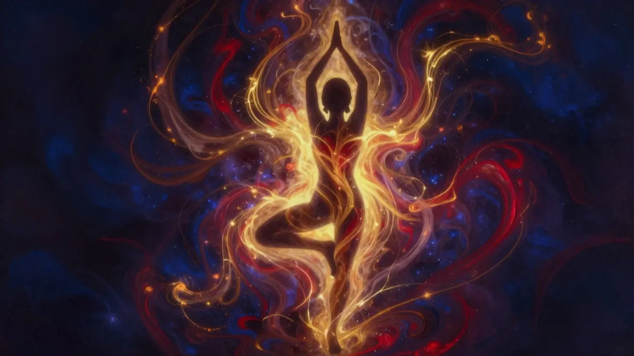 Abstraktní zobrazení proudící zlaté a červené energie v těle.