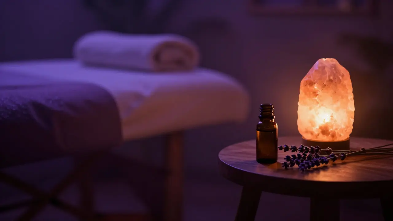 Atmosféra domácího studia s masážním lůžkem, vonnými oleji a tlumeným světlem.