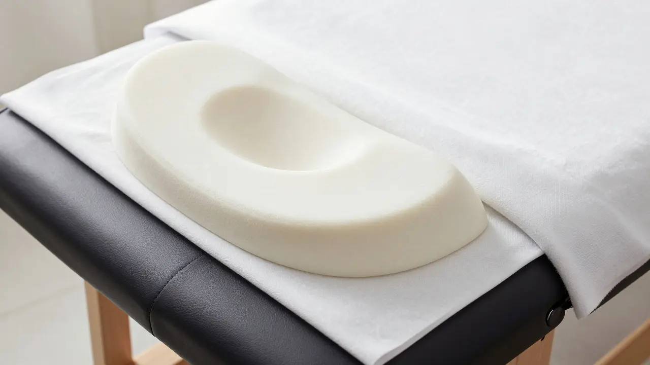 Detail paměťové pěny podhlavníku a čistého bavlněného povlaku na lehátku.