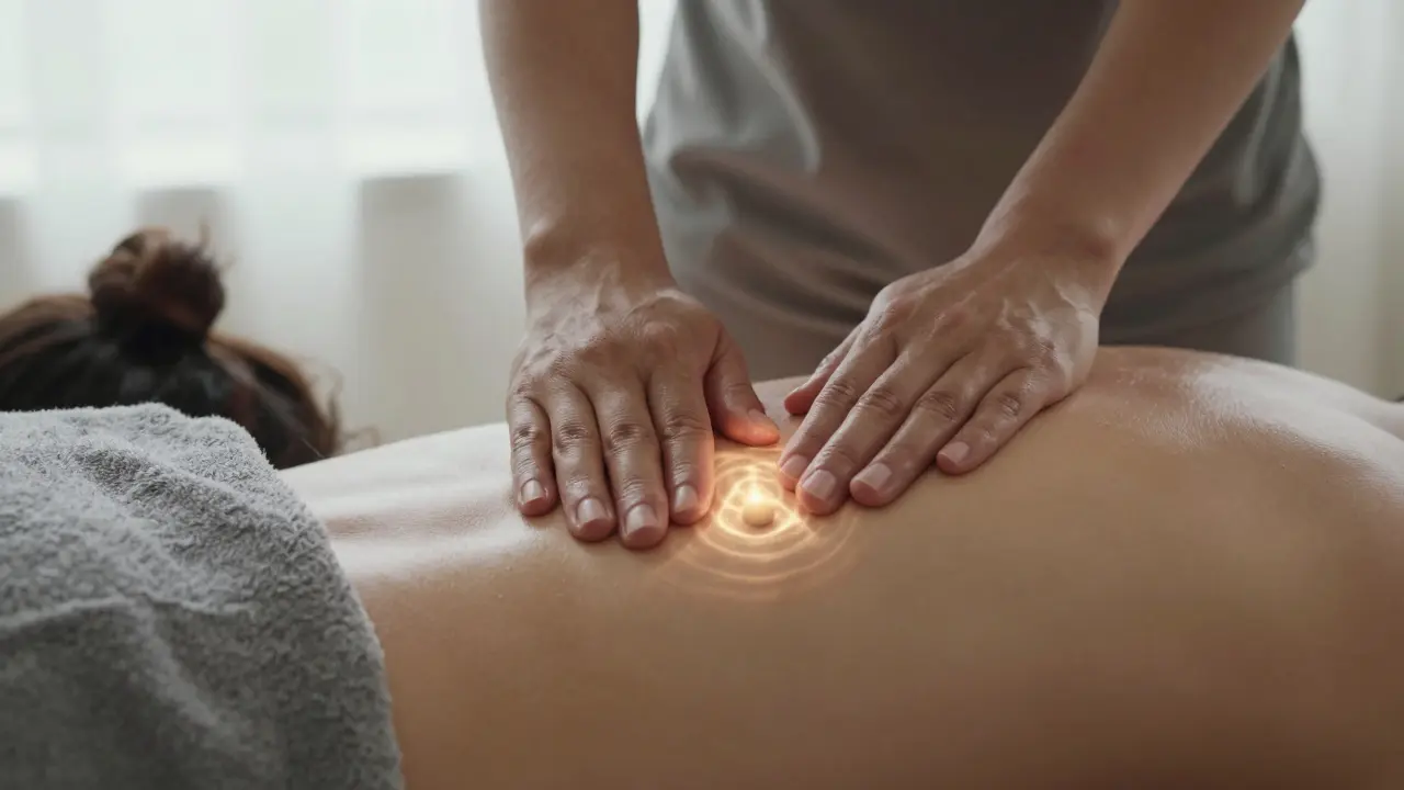 Detail rukou maséra uvolňujících energii z těla klienta s jemným zlatým svitem.