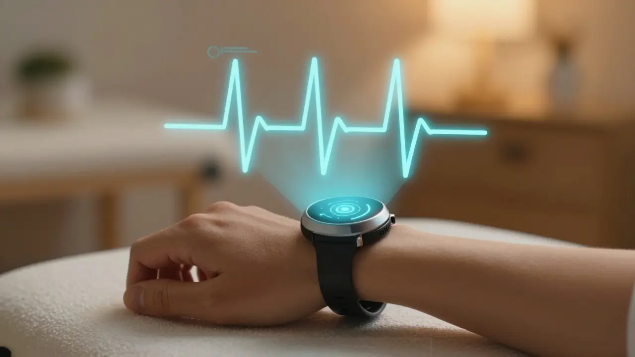 Futuristické biometrické zařízení promítající rytmus srdce nad zápěstím.
