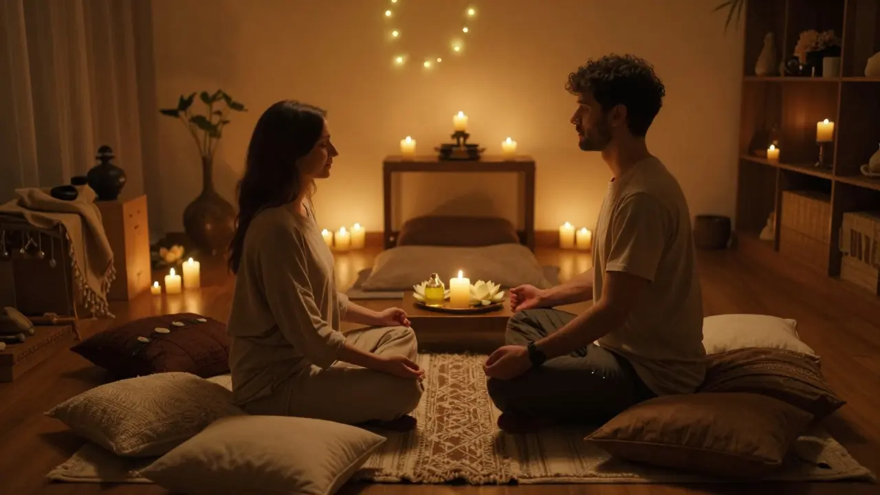 Intimní a teplá atmosféra místnosti připravené pro tantrickou praxi s dýněmi a svíčkami.