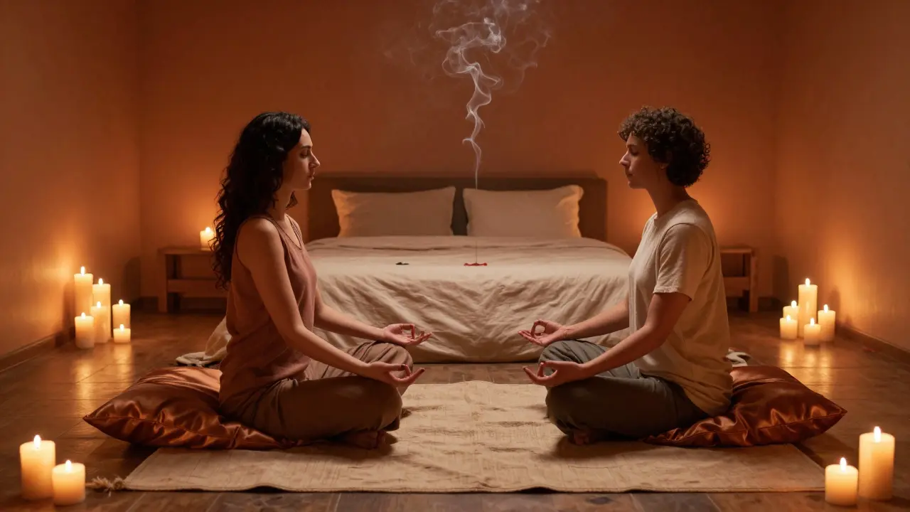 Klidný interiér svícemi a meditujícím párem na hedvábních polštářích.