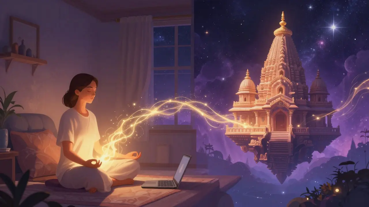 Konceptuální obraz propojující domácí meditaci s duchovním světem.