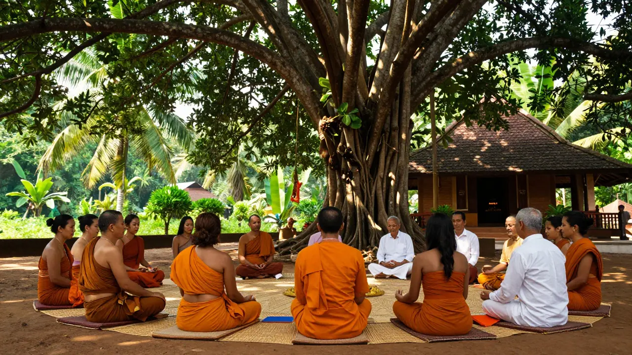 Meditující lidé v tradičním indickém ashramu v přírodě.
