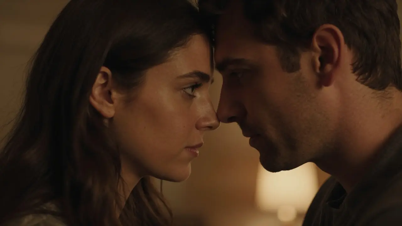 Pár se hluboce dívá do očí v momentě vědomého spojení.