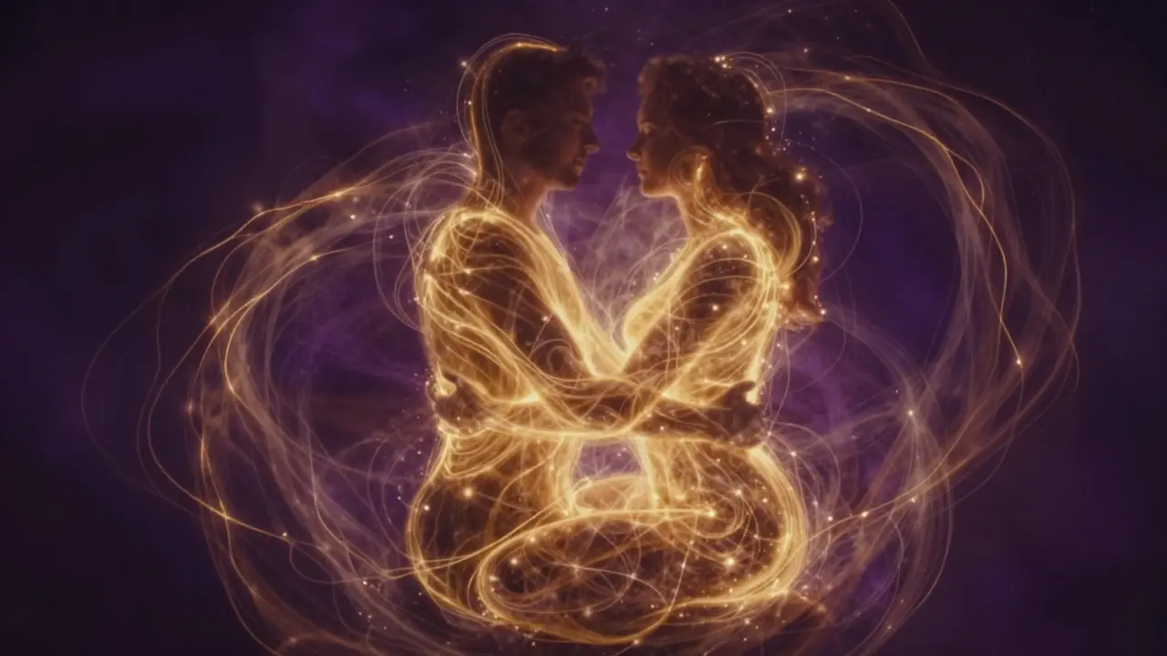 Silhouettes of a couple connected by glowing golden energy filaments.