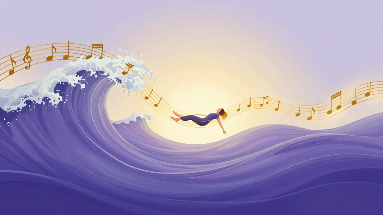 Surrealistická vlna ze zvukových pásek obalující člověka v procesu terapie.