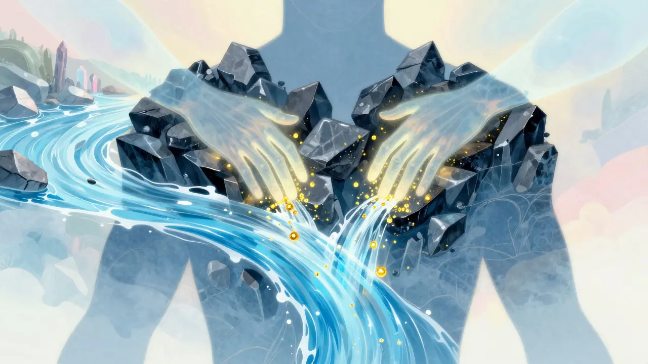 Surrealní obraz znázornující uvolňování energetických blokád jako proudění vody.