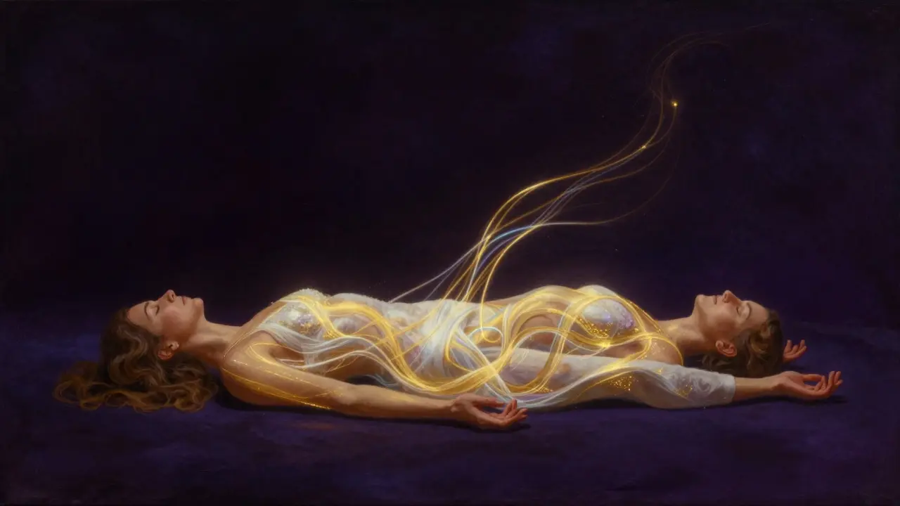 Umělecký obraz proudění zlaté energie kolem těla páru symbolizující celotělové blaženství.