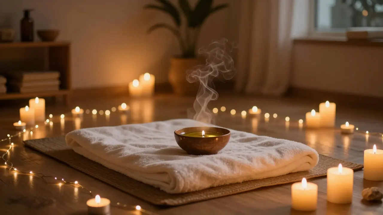 Warmly lit room with candles and massage oils prepared for a tantric session.