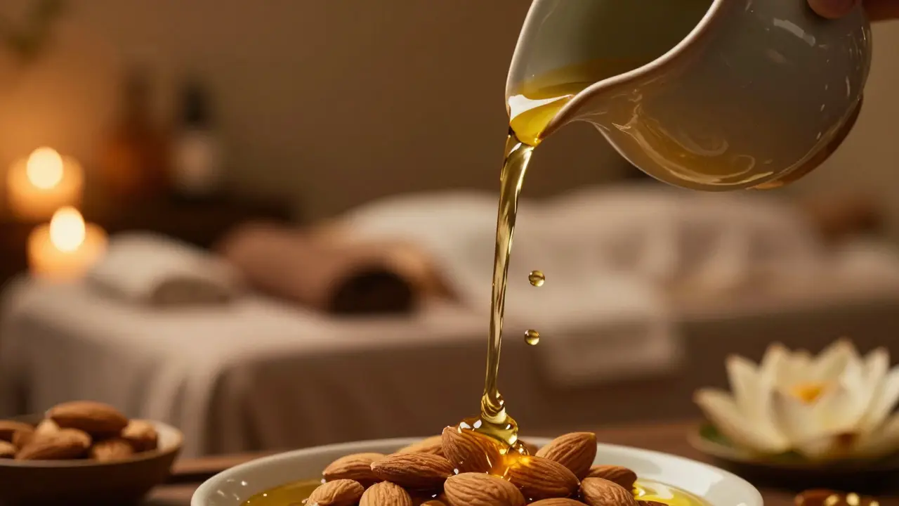 Zlatý mandlový olej proudící z nádoby v teplém, svíčkovém osvětlení relaxačního prostoru.