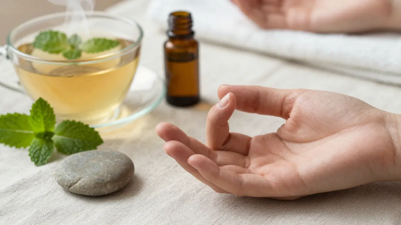 Bylinný čaj, kámen a ruka v meditaci symbolizují psychickou přípravu na masáž.