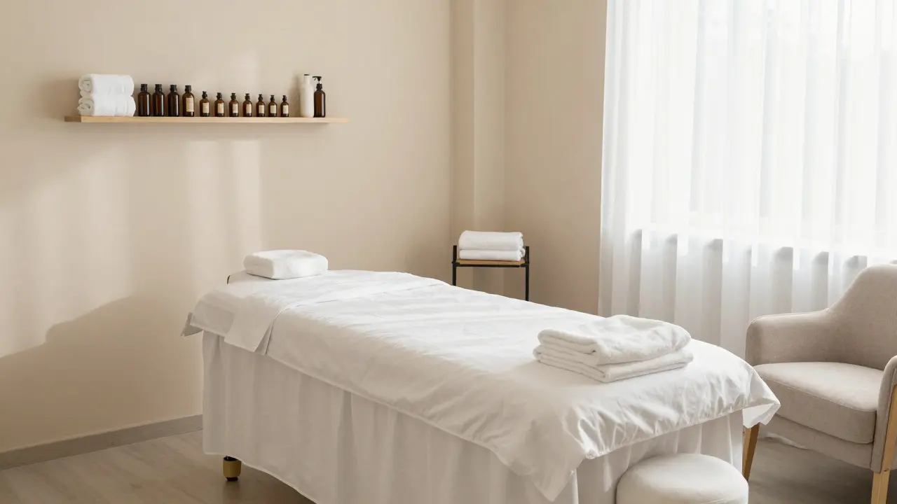 Čisté a profesionální terapeutické studio s masážním stolem a bílými povlečeními.