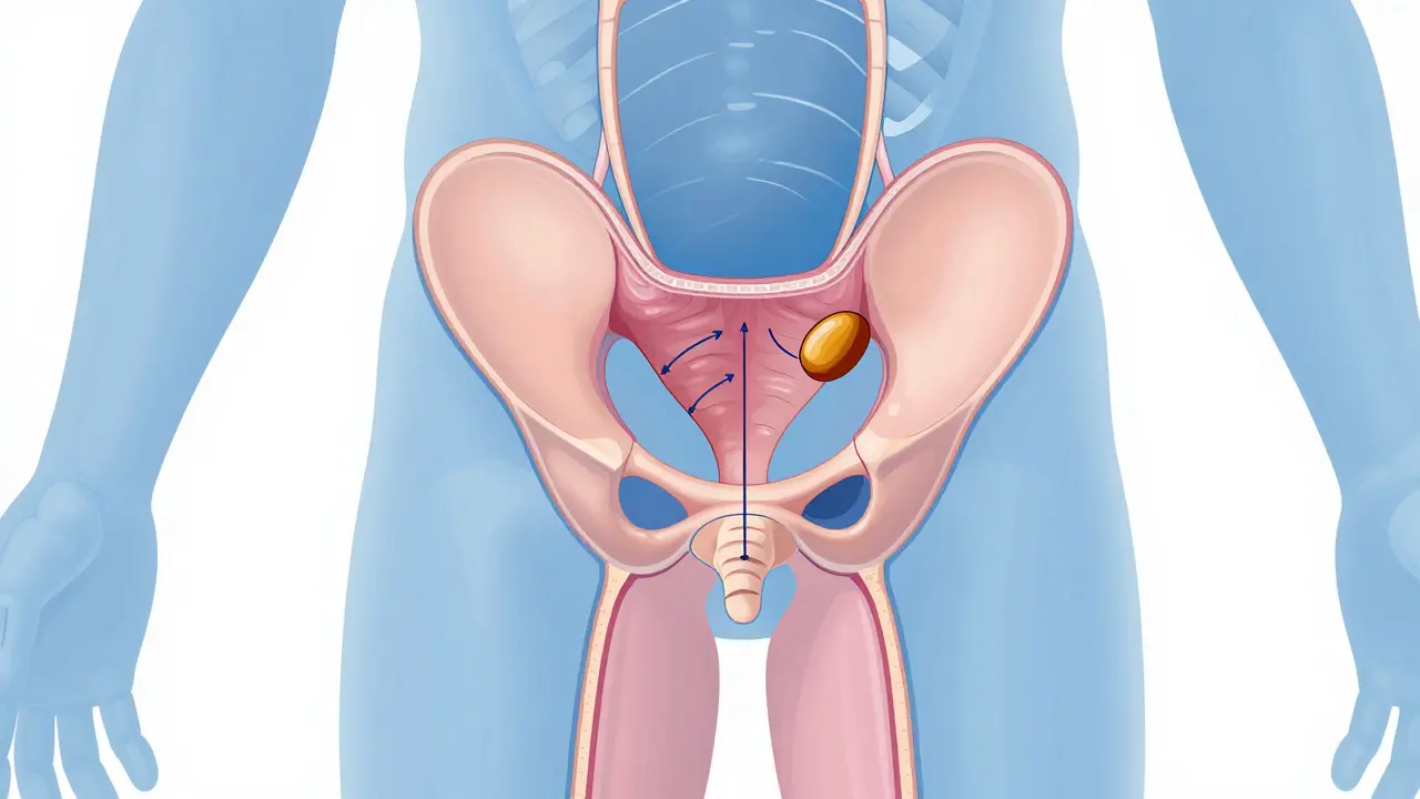 Schéma mužské pánve ukazující polohu prostaty a svalů svěrače