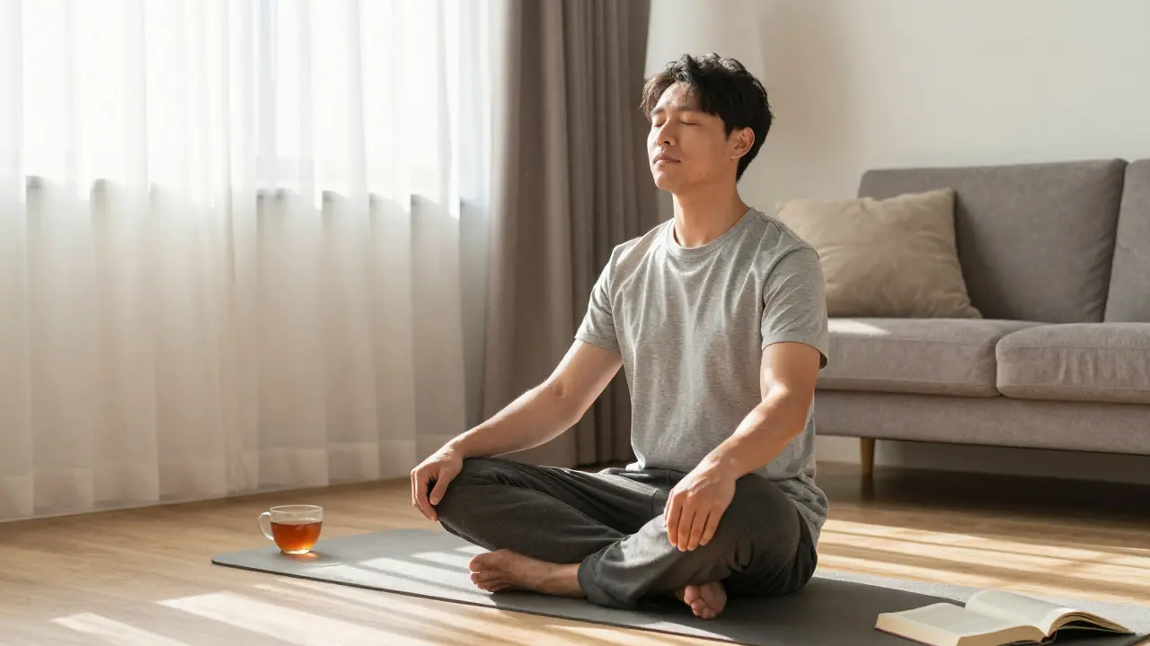 Muž praktikuje dýchací cvičení v domácnosti