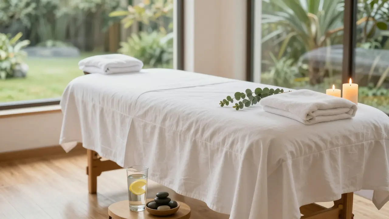 Klidná wellness místnost s masážním stolem a svíčkami