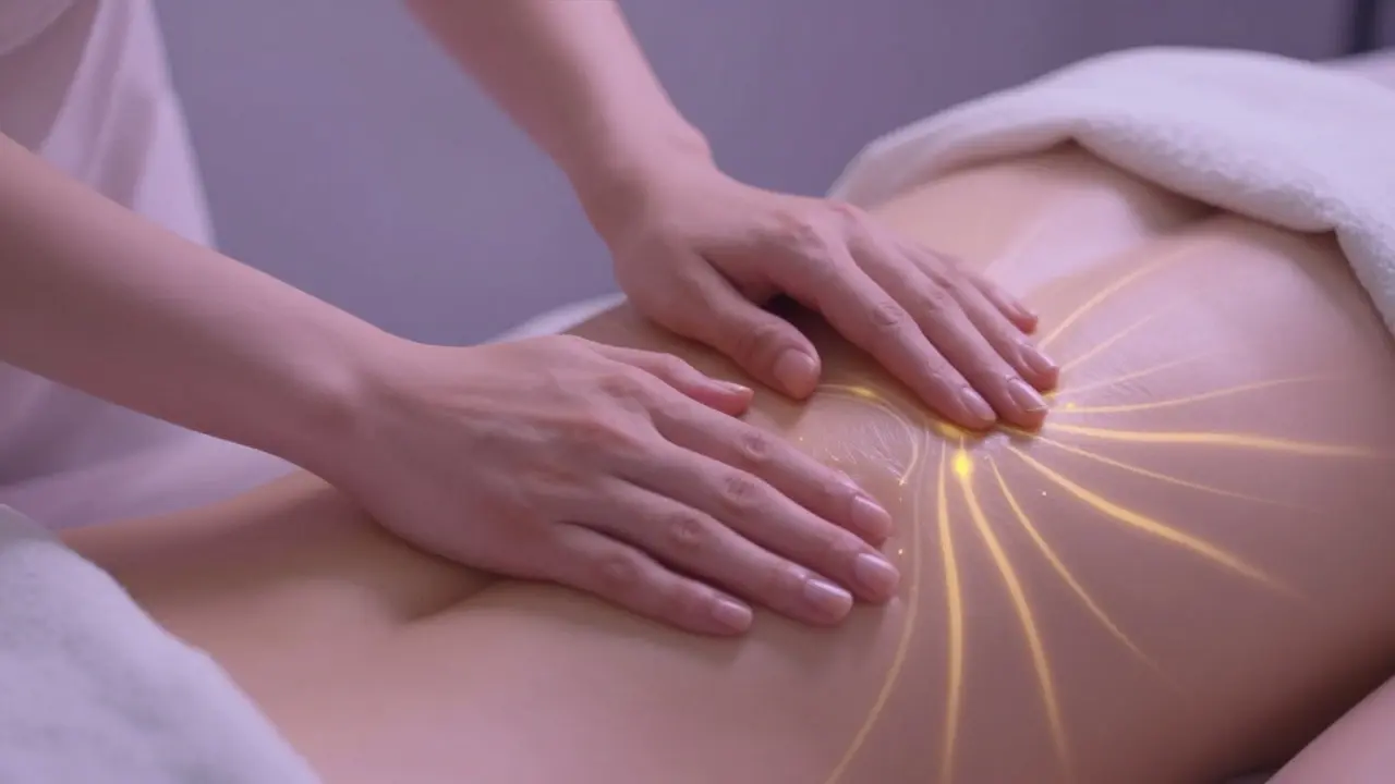 Jemné ruce nanášejí olej, symbolizující tok energie a relaxaci
