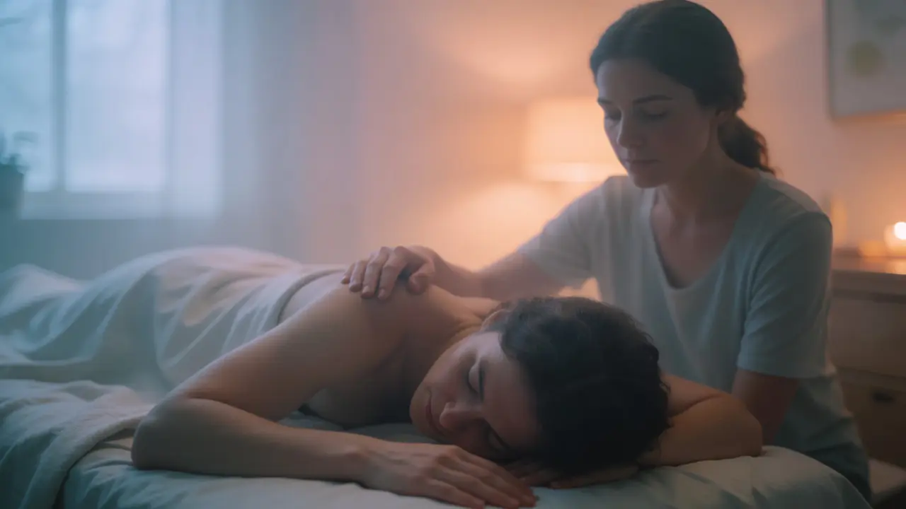 Partner sedící u lůžka s dlaní na rameni relaxujícího partnera