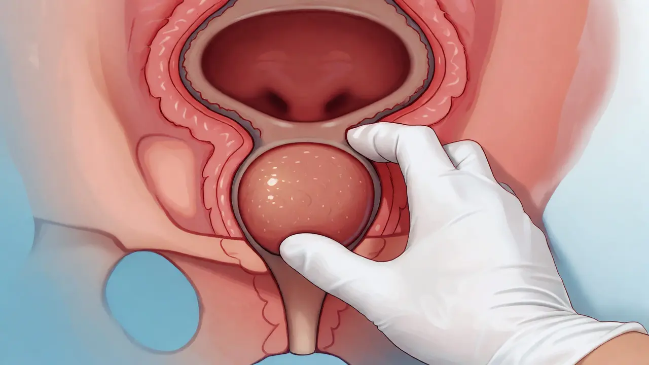 Anatomický řez pánví ukazující polohu prostaty a jemnou manipulaci prstem.