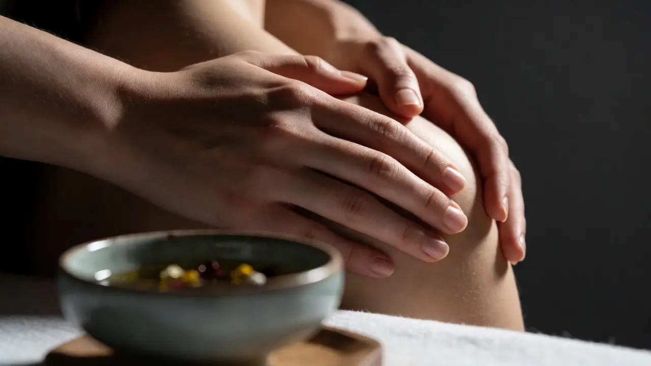 Detailní záběr na citlivý dotek rukou při terapeutické masáži