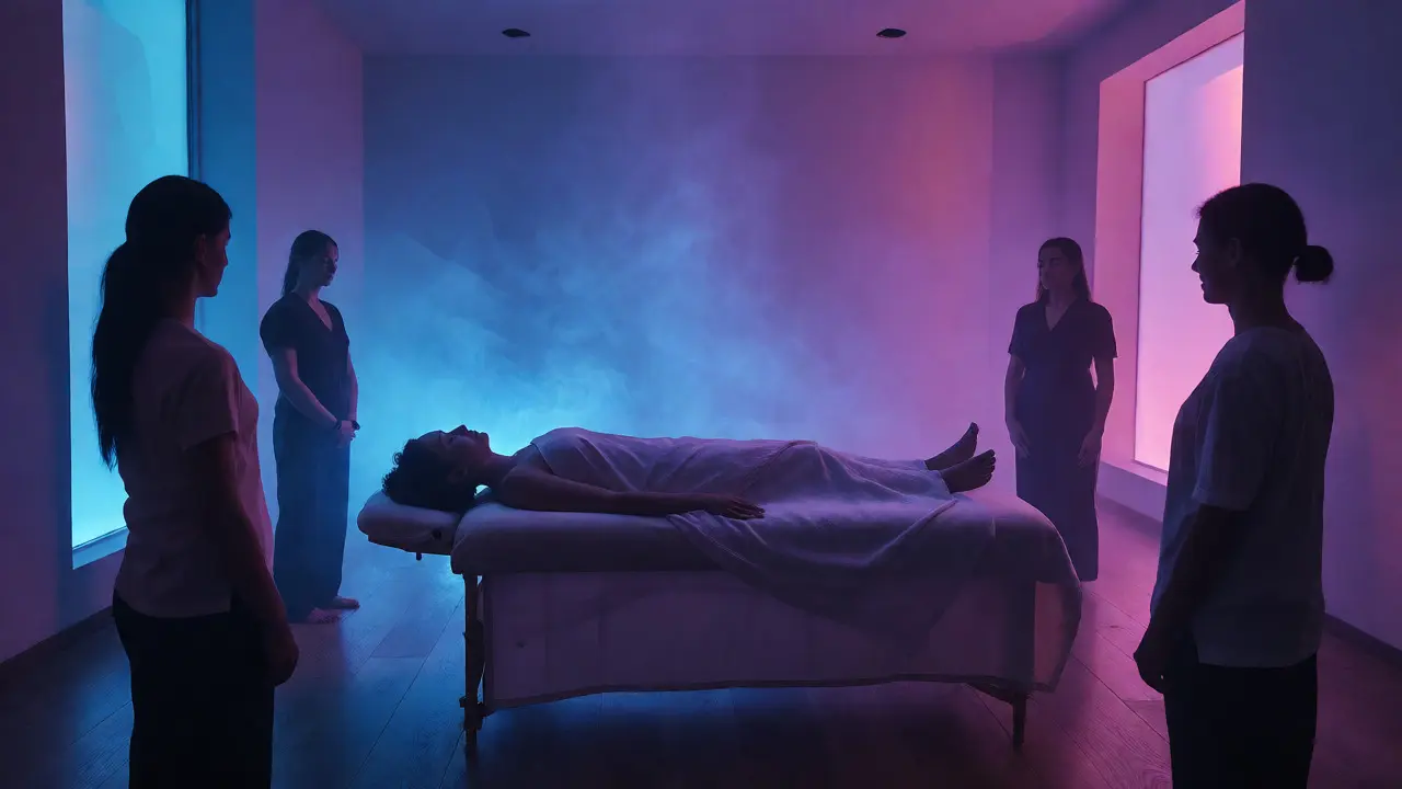 Klient v hluboké relaxaci po skončení rituálu s terapeuty